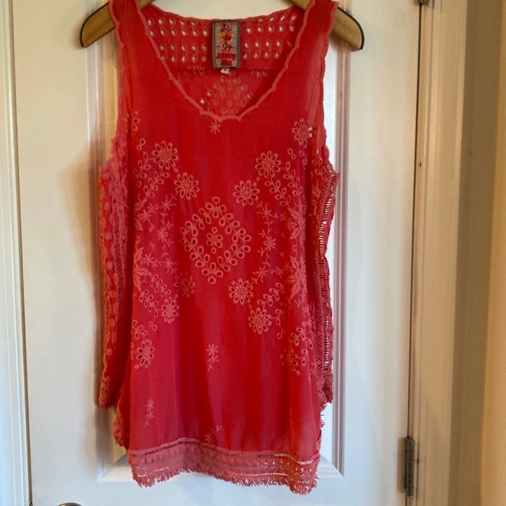 JOHNNY WAS “Vice” coral embroidered eyelet top Excellent condition. Size S.